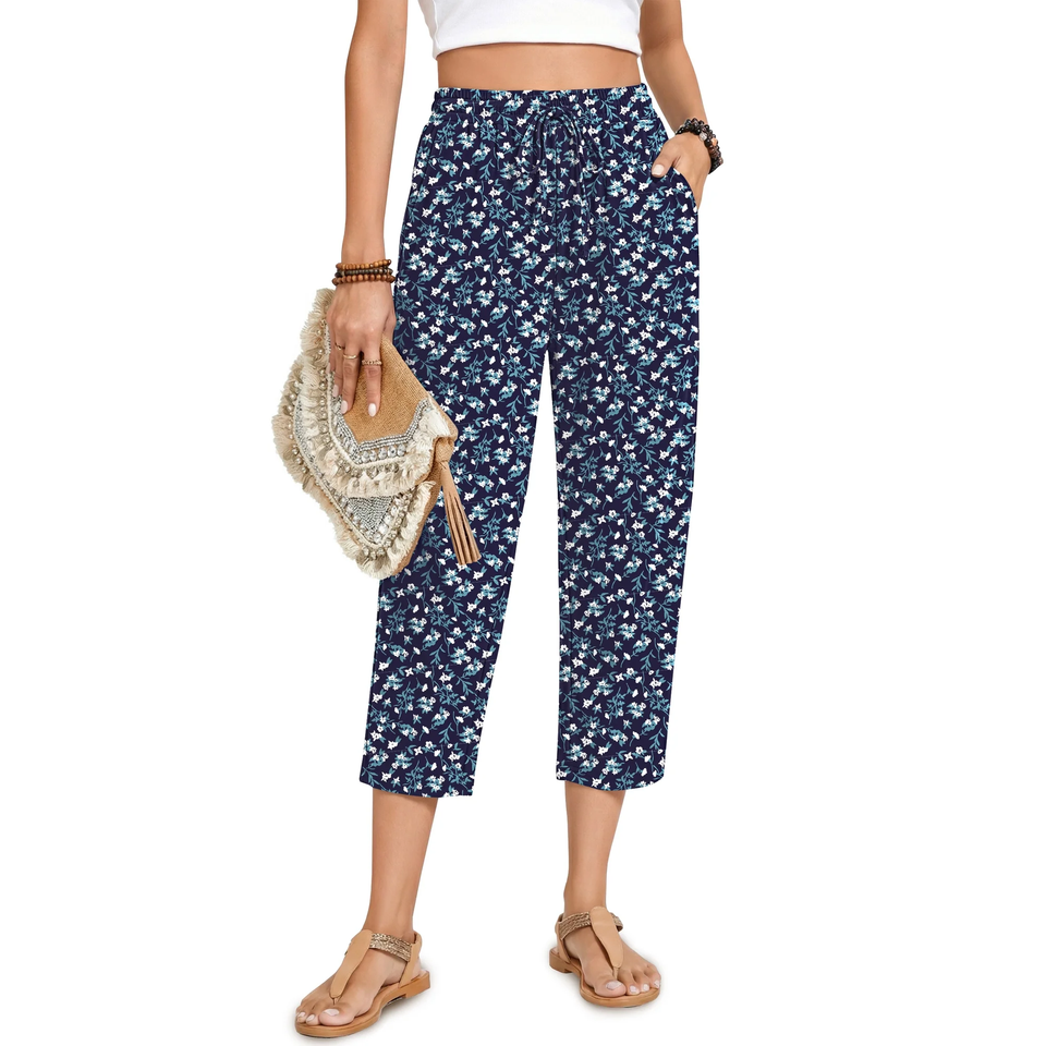 Fantaslook Womens Capri Pants Drawstring Casual Palazzo Trousers with Pockets Loose Floral Lounge Pants Pajama Bottoms