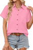 Fantaslook Womens Button Down Shirts Cotton Linen Short Sleeve Shirt Lapel Work Blouses Casual Summer Tops with Double Pockets