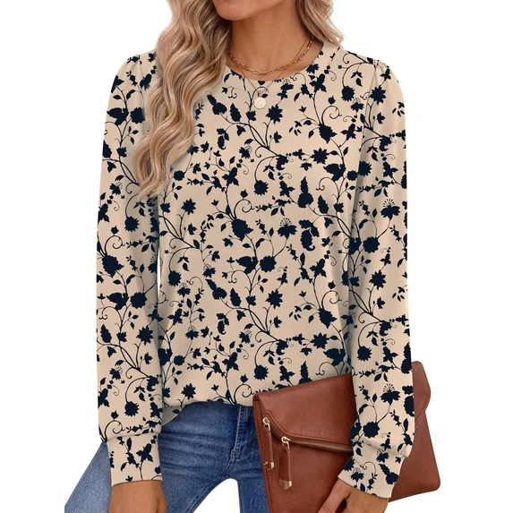 Fantaslook Womens Long Sleeve Shirts Fall Tunic Tops Casual Crewneck Floral Blouses