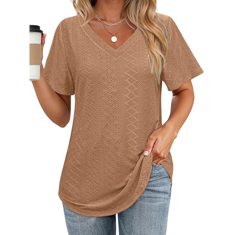 Fantaslook Eyelet Womens Tops Short Sleeve Dressey Casual Blouses V Neck Work Shirts Summer Basic Tees