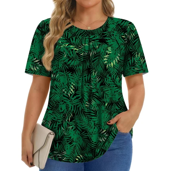 Fantaslook Dressy Blouses for Women Pleated Short Sleeve Tunic Tops Casual Floral Shirts