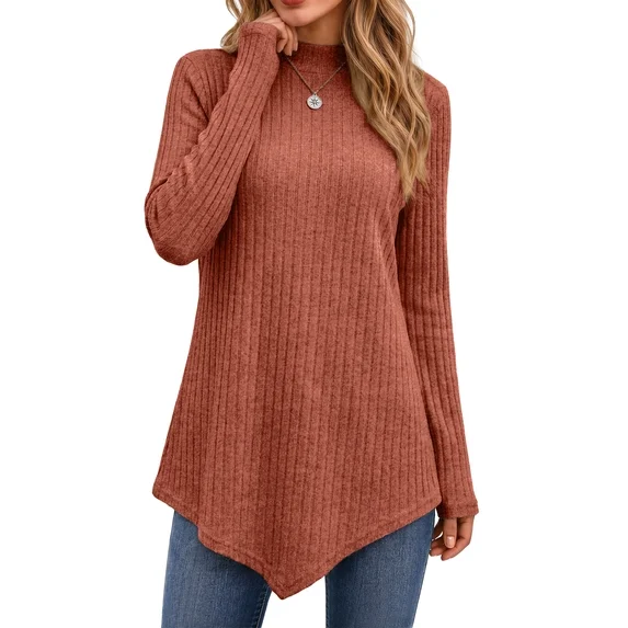 Fantaslook Mock Turtleneck Sweaters for Women Dressy Long Sleeve Pullover Fall Tunic Tops Asymmetrical Hem Soft Sweaters