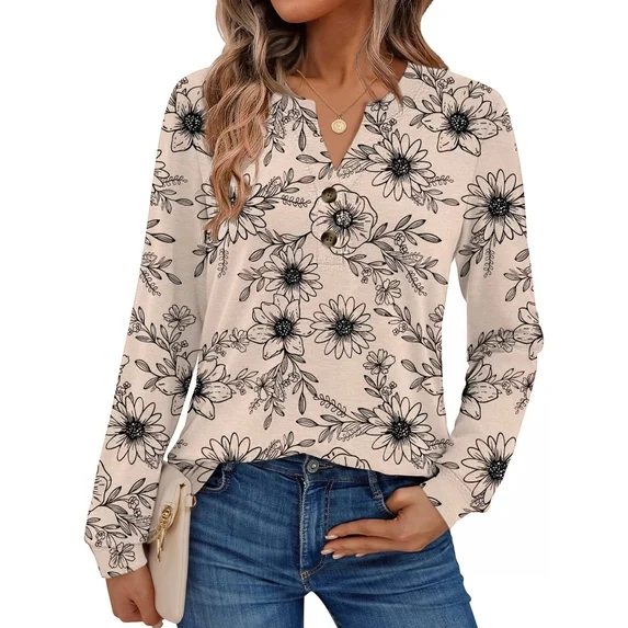 Fantaslook V Neck Henley Blouses for Women Dressy Fall Tops Long Sleeve Shirts Fashion Clothes