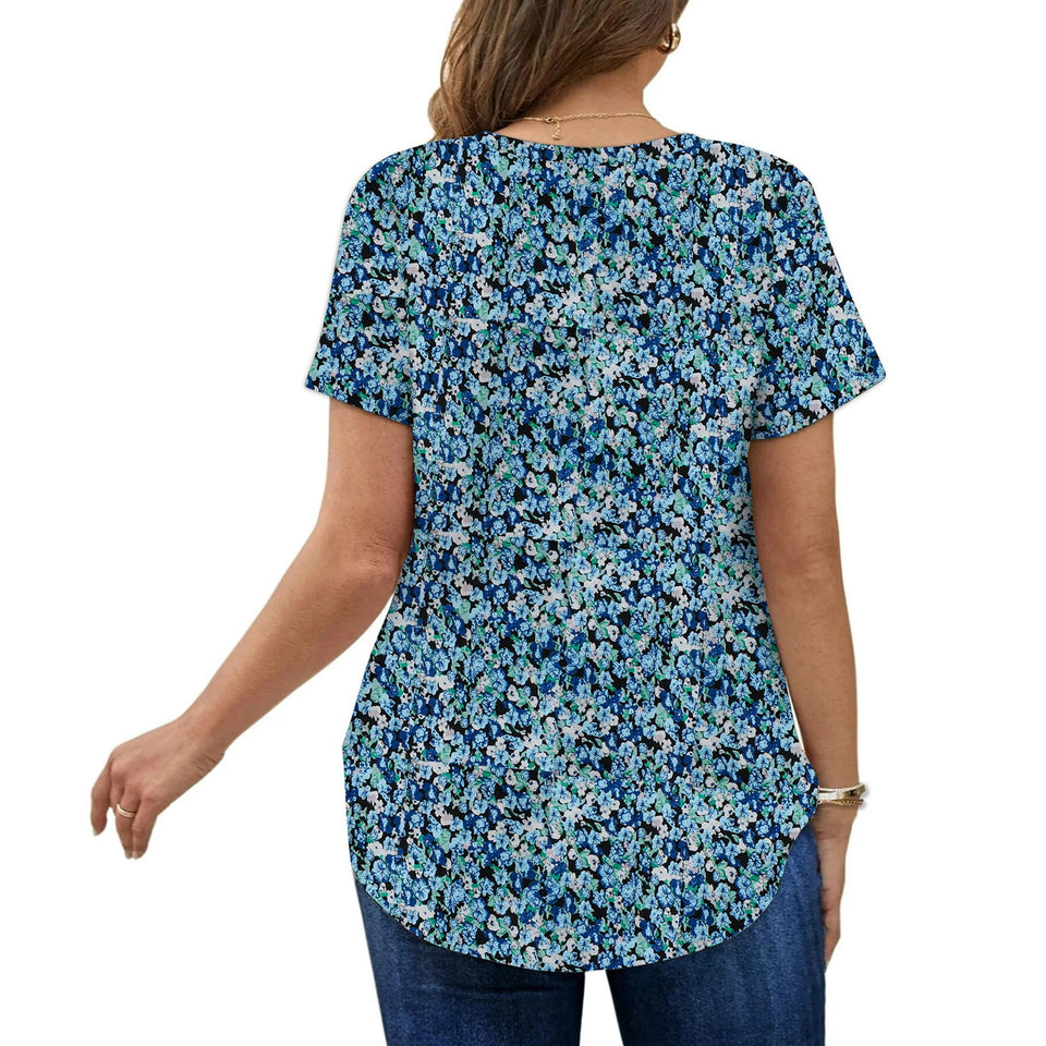 MOSHU Plus Size T-shirts for Women V Neck Summer Tunic Tops Floral Print Curved Hem Women Shirts
