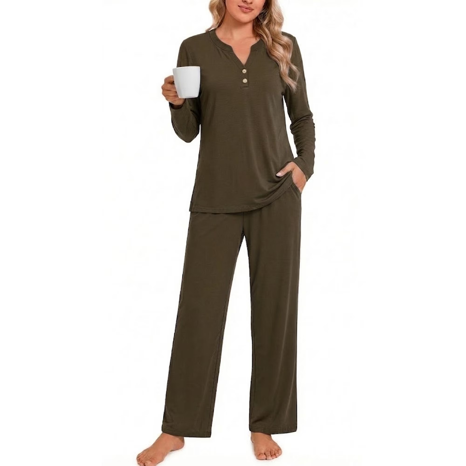 Fantaslook Women Pajamas Sets Long Sleeve V Neck Buttons Outfits and Casual Wide Leg Pants Lounge 2 Piece Sets withe Pockets