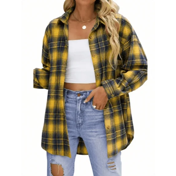 Fantaslook Plaid Flannel Shirts for Women Oversized Long Sleeve Button Down Shirts Blouses Tops