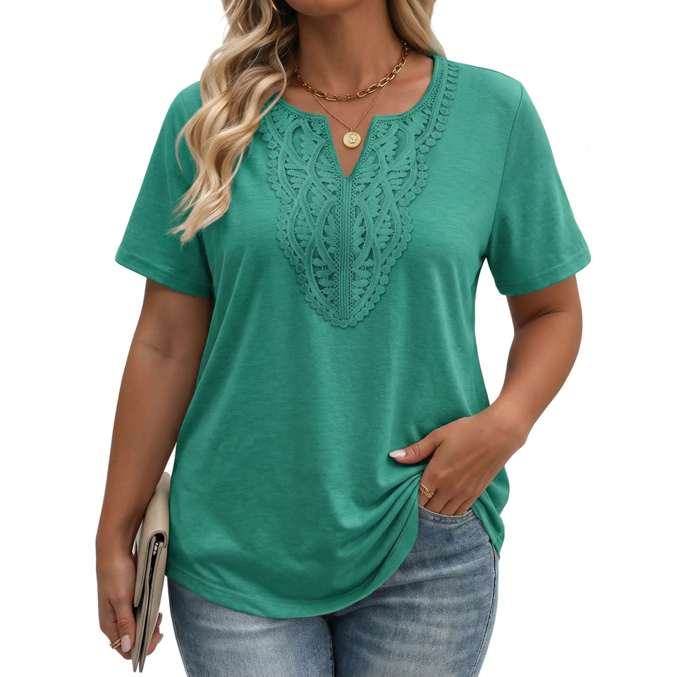 Fantaslook Lace Plus Size Tops for Women V Neck Short Sleeve Blouses Summer Tunic Shirts