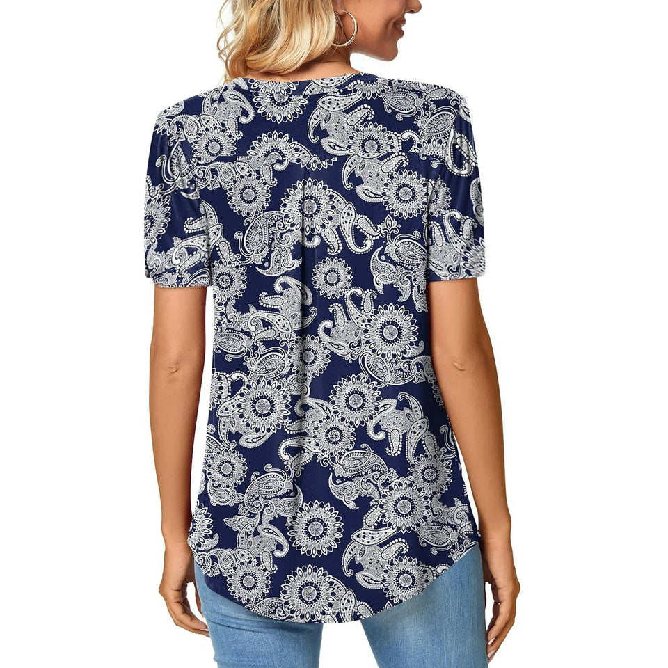 MOSHU T-shirts for Women Pleated Printed Short Sleeve Tunice Tops V Neck Summer Womens Shirts