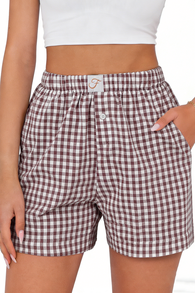 Fantaslook Plaid Shorts for Women Button Gingham Shorts Summer Lounge Boxers Beach Shorts Pants with Pocket