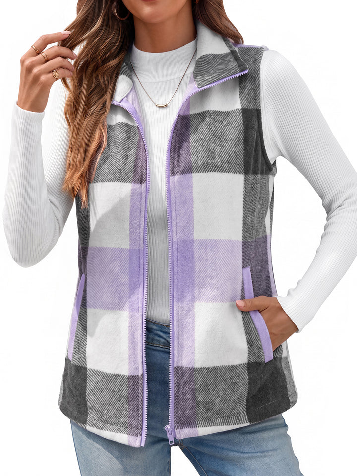 Fantaslook Women Plaid Outwear Vest Lightweight Sleeveless Jackets Zipper Fall Winter Coats with Pockets