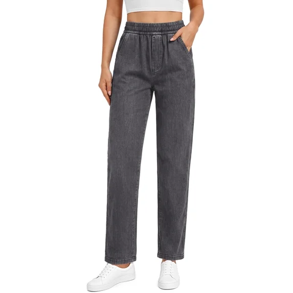 Fantaslook Pull On Jeans for Women Straight Leg Casual Pants Elastic Waist Denim Pants with Pockets