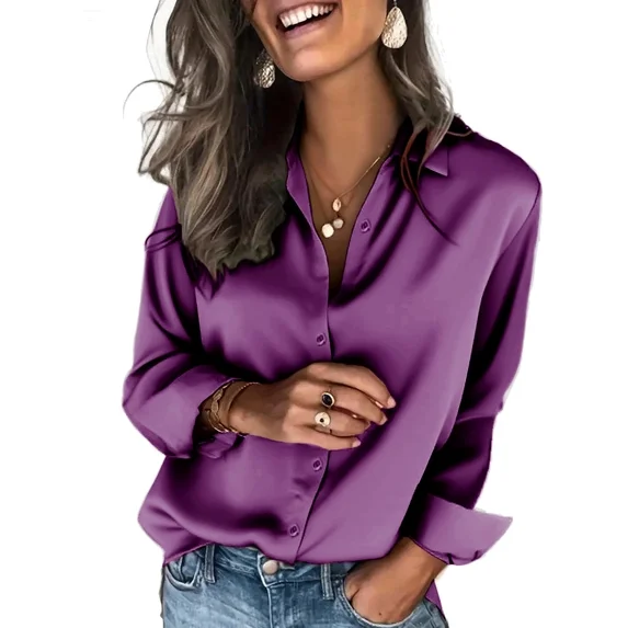 Fantaslook Satin Shirts for Women Long Sleeve Button Down Shirt Business Work Blouses Dressy Casual Fall Tops