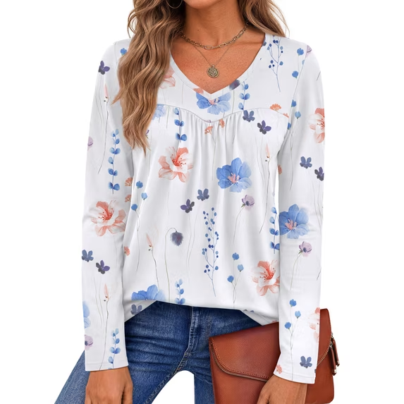 Fantaslook Womens Tops Dressy Casual Pleated Blouses V Neck Long Sleeve Shirts Fall Tunic Tops