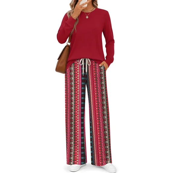 Fantaslook Long Sleeve Two Piece Sets for Women Wide Leg Pants Lounge Sets Fall Vacation Travel Outfits Fashion Boho Matching Sets
