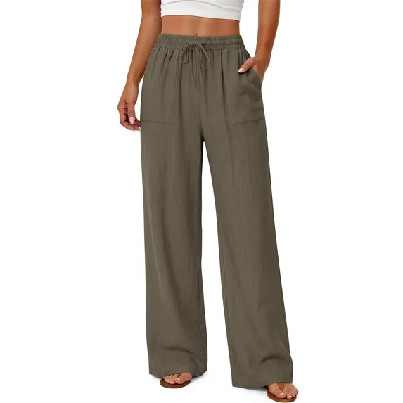 Fantaslook Linen Wide Leg Pants for Women Flowy Palazzo Drawstring Elastic Waist Trousers with Pockets Summer Beach Vacation Clothes