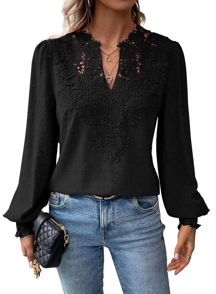 Fantaslook Blouses for Women Lace V Neck Long Sleeve Blouse Chiffon Pom Pom Shirt Dressy Casual Fall Tops