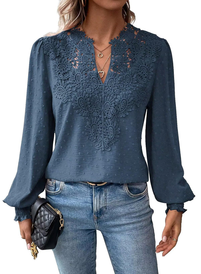 Fantaslook Blouses for Women Lace V Neck Long Sleeve Blouse Chiffon Pom Pom Shirt Dressy Casual Fall Tops