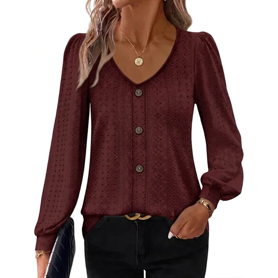 Fantaslook Tops for Women V Neck Long Sleeve Blouses Eyelet Casual Fall Shirts Trendy