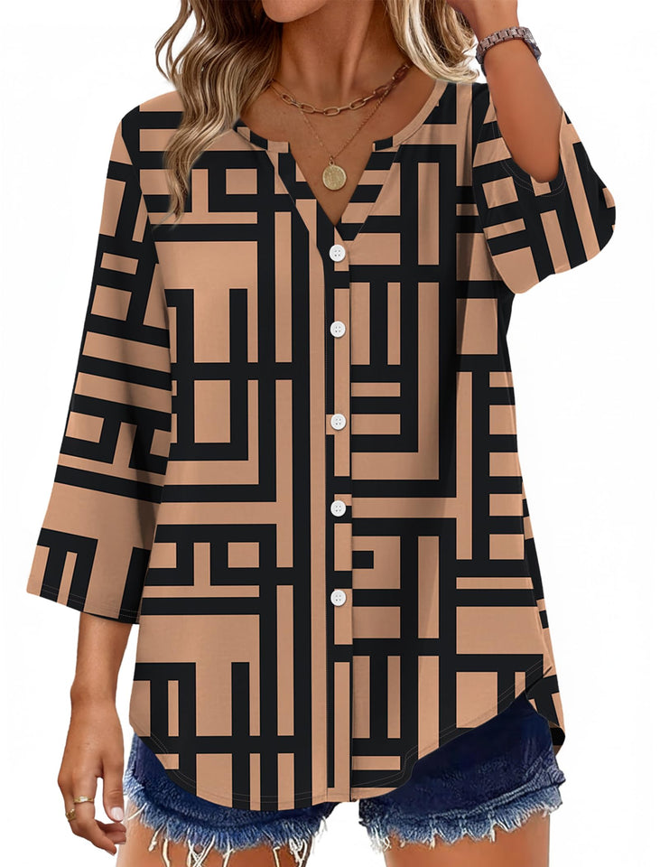 Fantaslook Womens Button Down Shirts V Neck Long Sleeve Shirt Cotton Linen Printed Blouses Dressy Casual Fall Tops