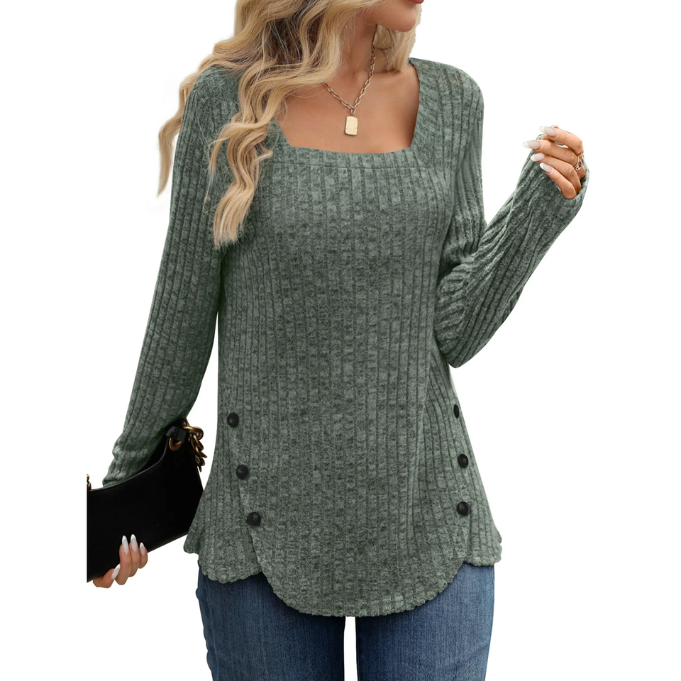 Fantaslook Square Neck Tops for Women Long Sleeve Dressy Blouses Button Side Tunic Shirts