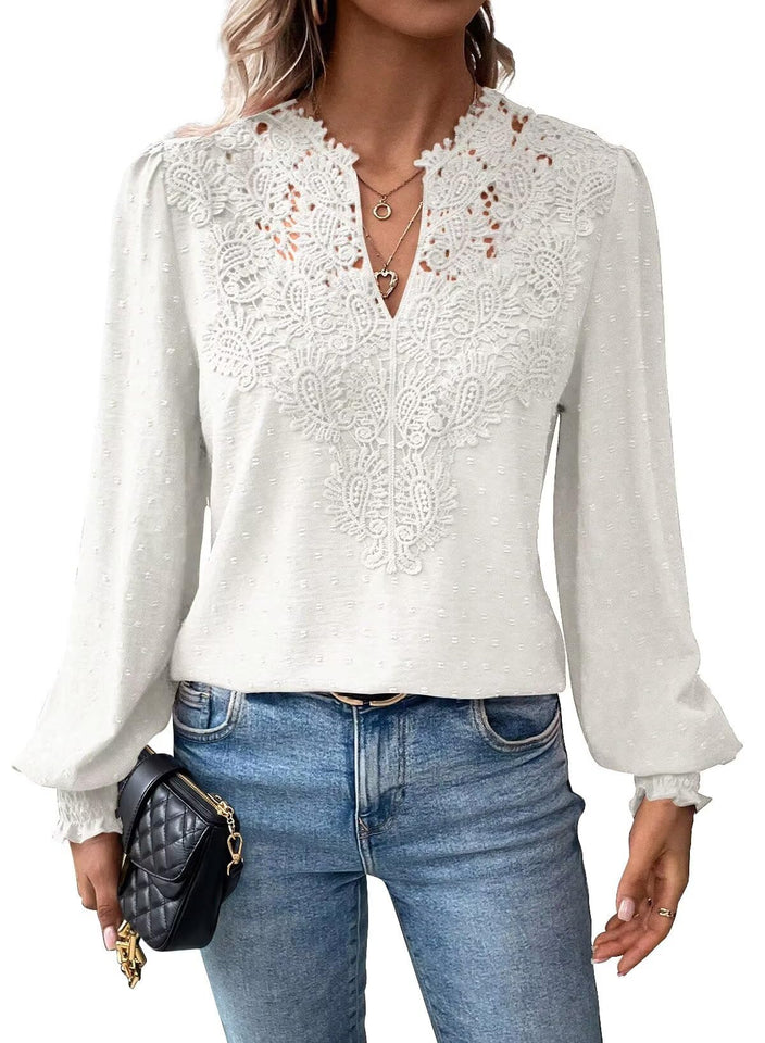 Fantaslook Blouses for Women Lace V Neck Long Sleeve Blouse Chiffon Pom Pom Shirt Dressy Casual Fall Tops