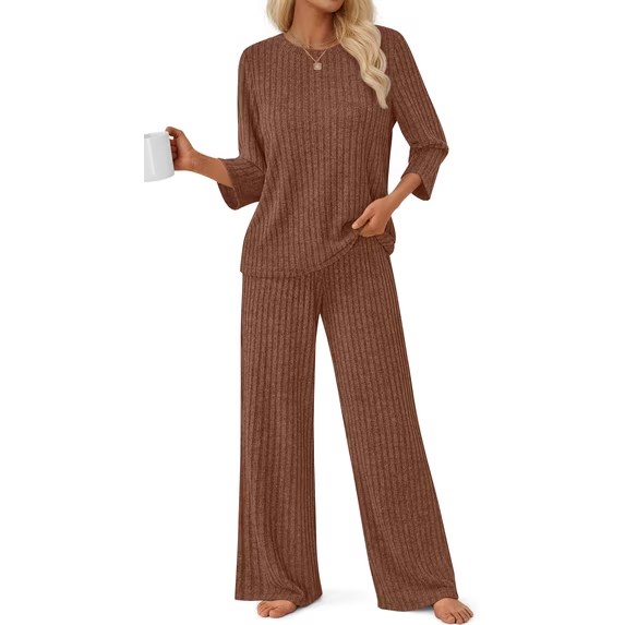 Fantaslook Pajamas Sets for Women Casual Two Piece Lounge Sets 3/4 Sleeve Crew Neck Top Wide Leg Pants Vacation Sweater Outfits