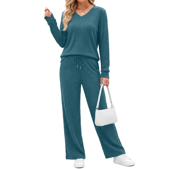 Fantaslook Two Piece Lounge Sets for Women Vacation Travel Fall Outfits V Neck Tops Wide Leg Pants Matching Sets Women Clothing