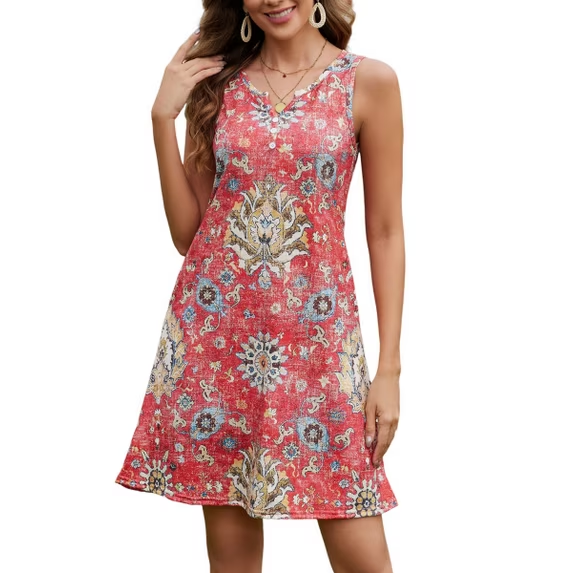 Fantaslook Dressy Tank Dress for Women V Neck Button Dresses Floral Beach Sundress with Pockets