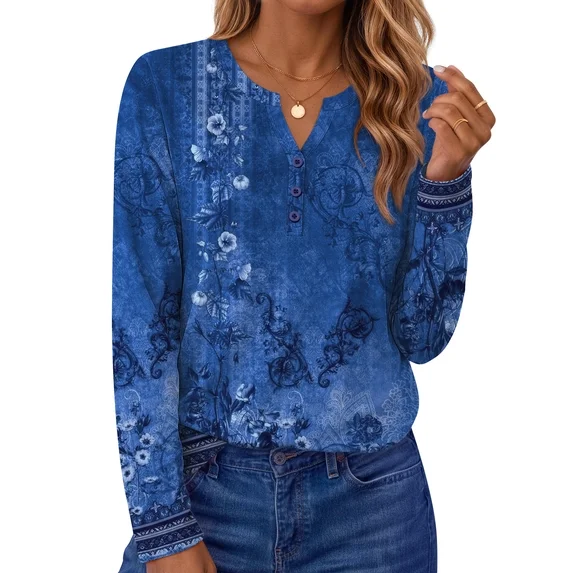 Fantaslook Henley Long Sleeve Shirts for Women Casual V Neck Fall Tops Dressy Work Blouses