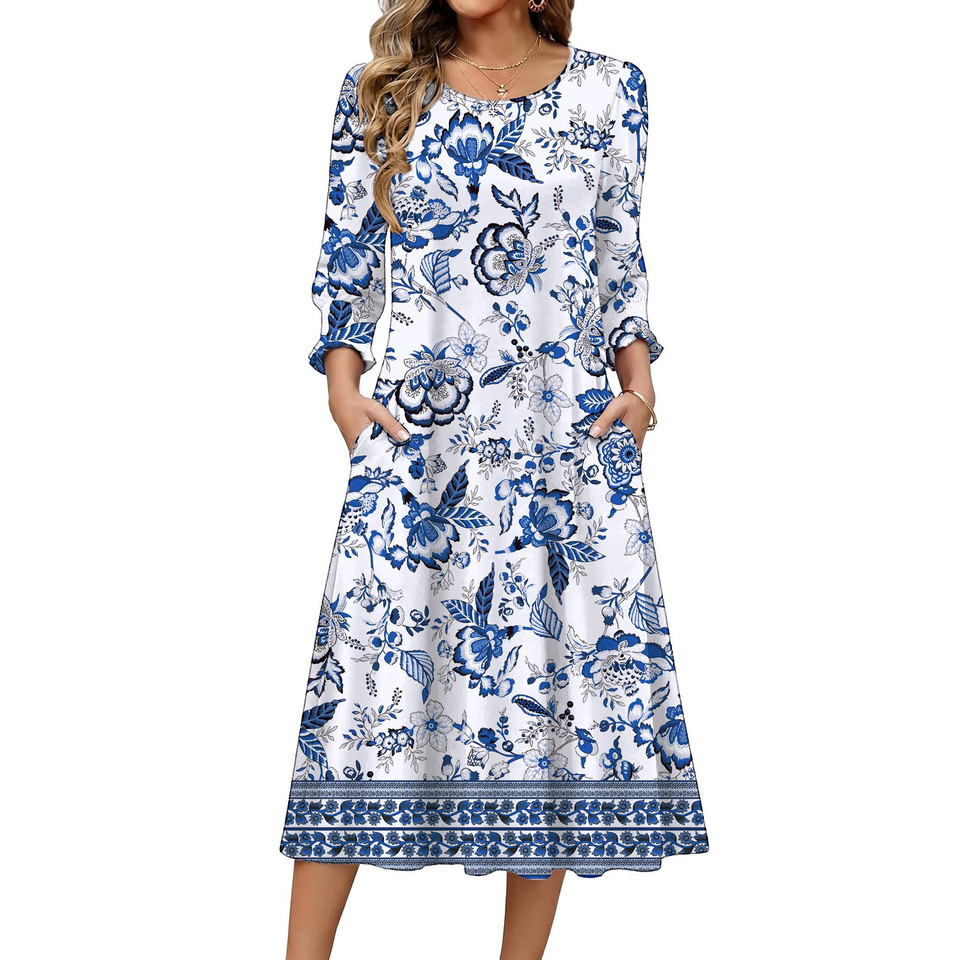 Fantaslook Fall Dresses for Women Smocked 3/4 Sleeve Dress Floral Midi Casual Dresses with Pockets