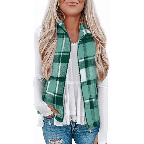 Fantaslook Women Plaid Outwear Vest Lightweight Sleeveless Jackets Zipper Fall Winter Coats with Pockets