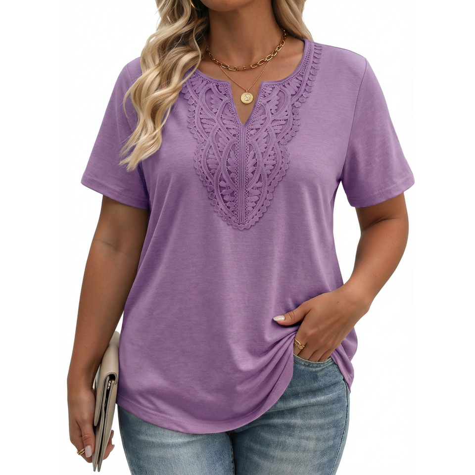 Fantaslook Lace Plus Size Tops for Women V Neck Short Sleeve Blouses Summer Tunic Shirts