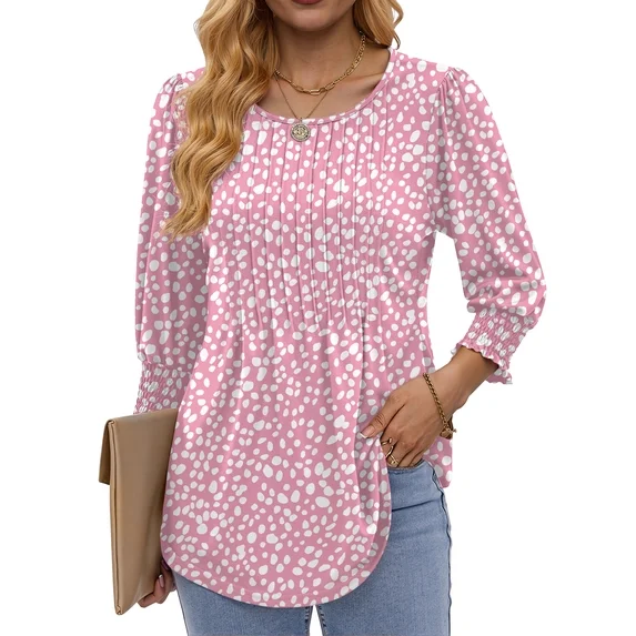 Fantaslook Pleated Blouses for Women Dressy Casual 3/4  Sleeve Womens Tops with Smocked Cuffs Summer Fall Shirts