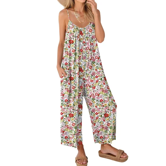Fantaslook Jumpsuits for Women Casual Sleeveless Spaghetti Strap Rompers Boho Wide Leg Jumpsuits Overalls Dressy Trendy Outfits Clothes