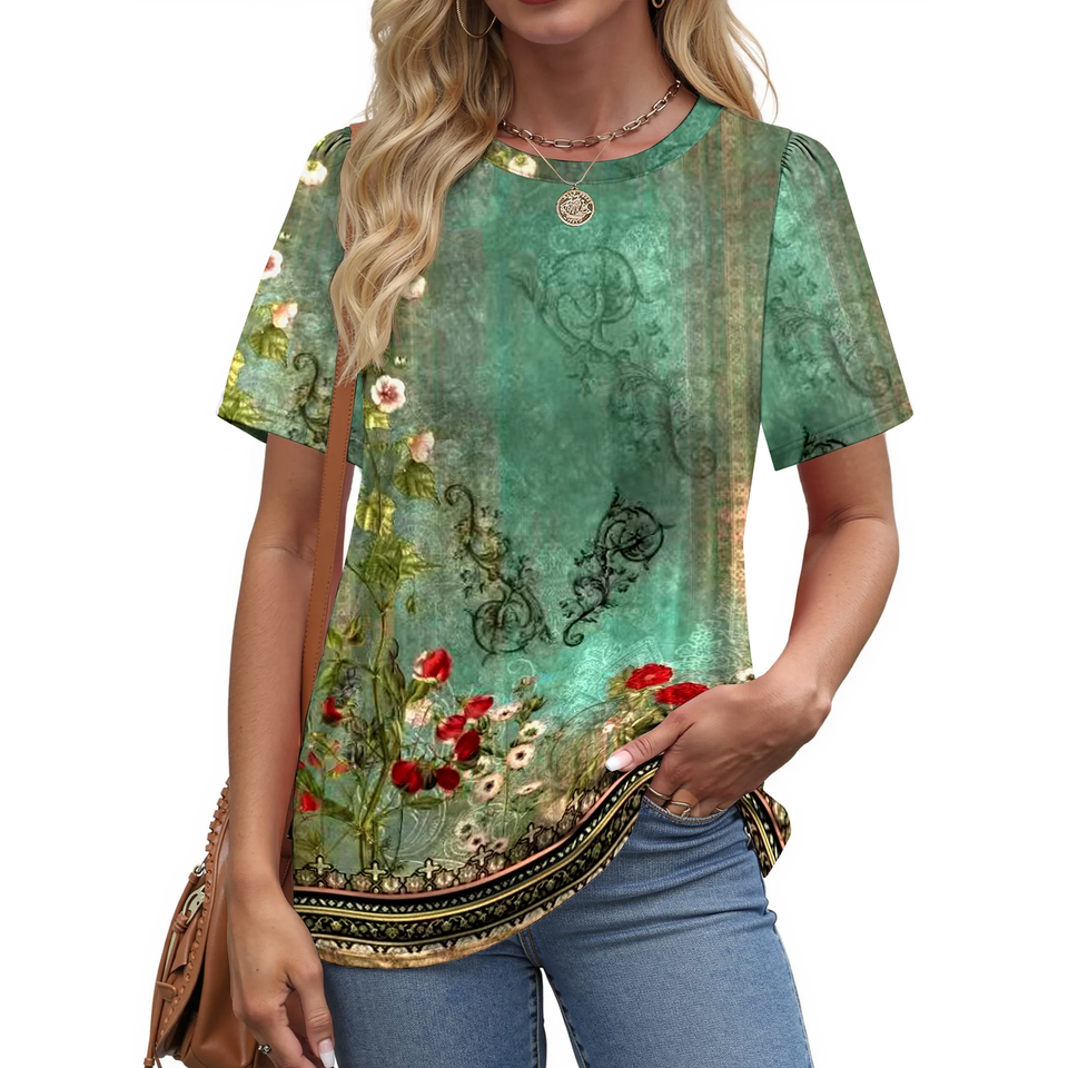 Fantaslook Womens Summer Tops Dressy Casual Short Sleeve Shirts Crew Neck Tunic Floral Blouses