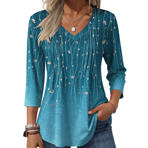 Fantaslook 3/4 Length Sleeve Womens Tops Dressy Casual Boho Blouses V Neck Pleated Tunic Tops Work Shirts
