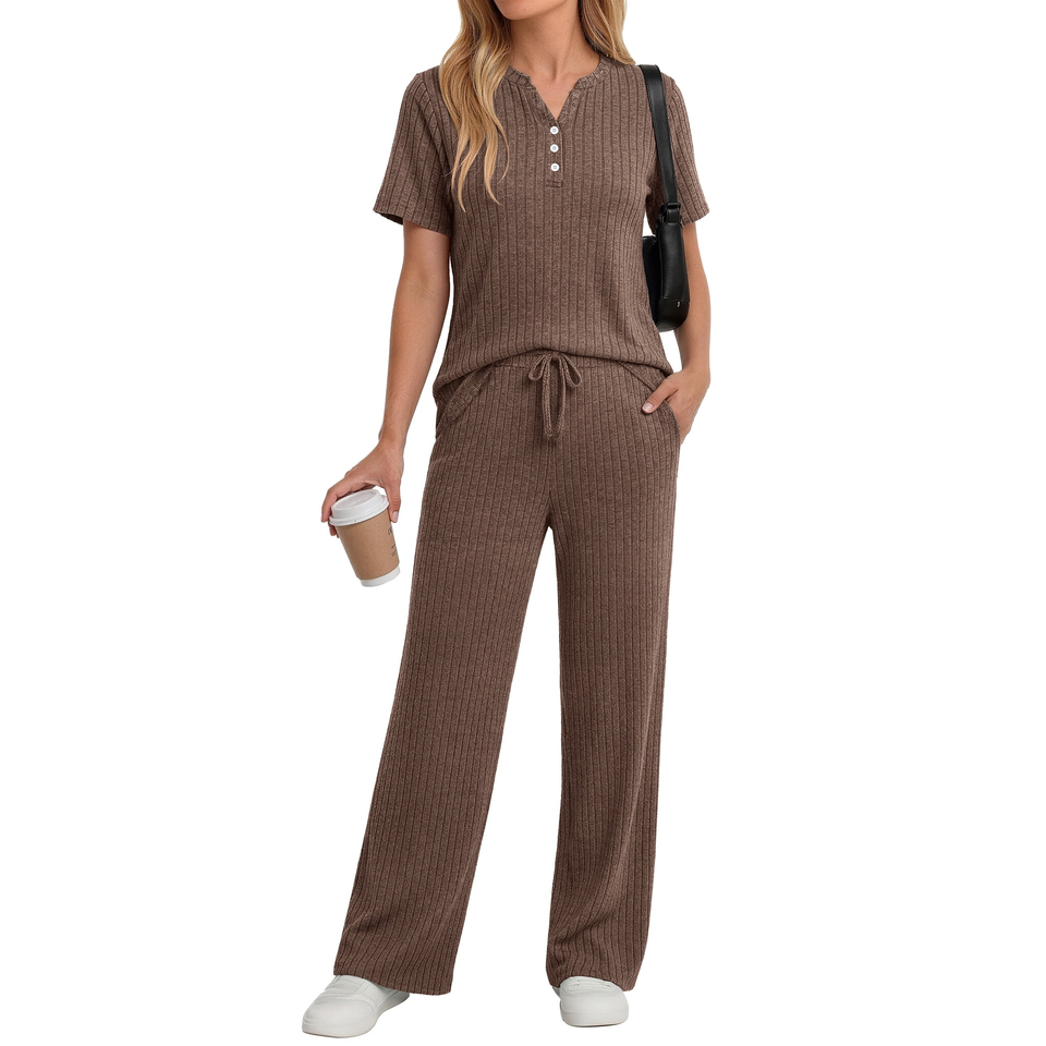 Fantaslook Two Piece Lounge Sets for Women Summer Outfits Henley V Neck Short Sleeve Tops Wide Leg Pants Matching Sets Trendy Clothes