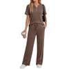 Fantaslook Two Piece Lounge Sets for Women Summer Outfits Henley V Neck Short Sleeve Tops Wide Leg Pants Matching Sets Trendy Clothes