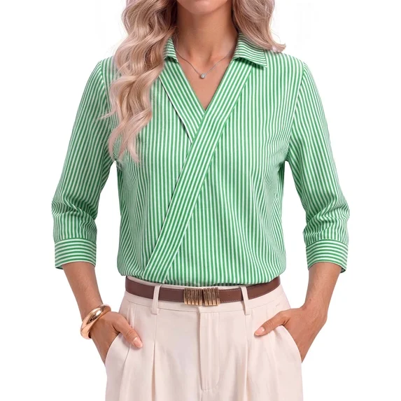 Fantaslook 3/4 Sleeve Womens Striped Tops V Neck Lapel Shirts Dressy Business Work Blouses Trendy Fashion Tops