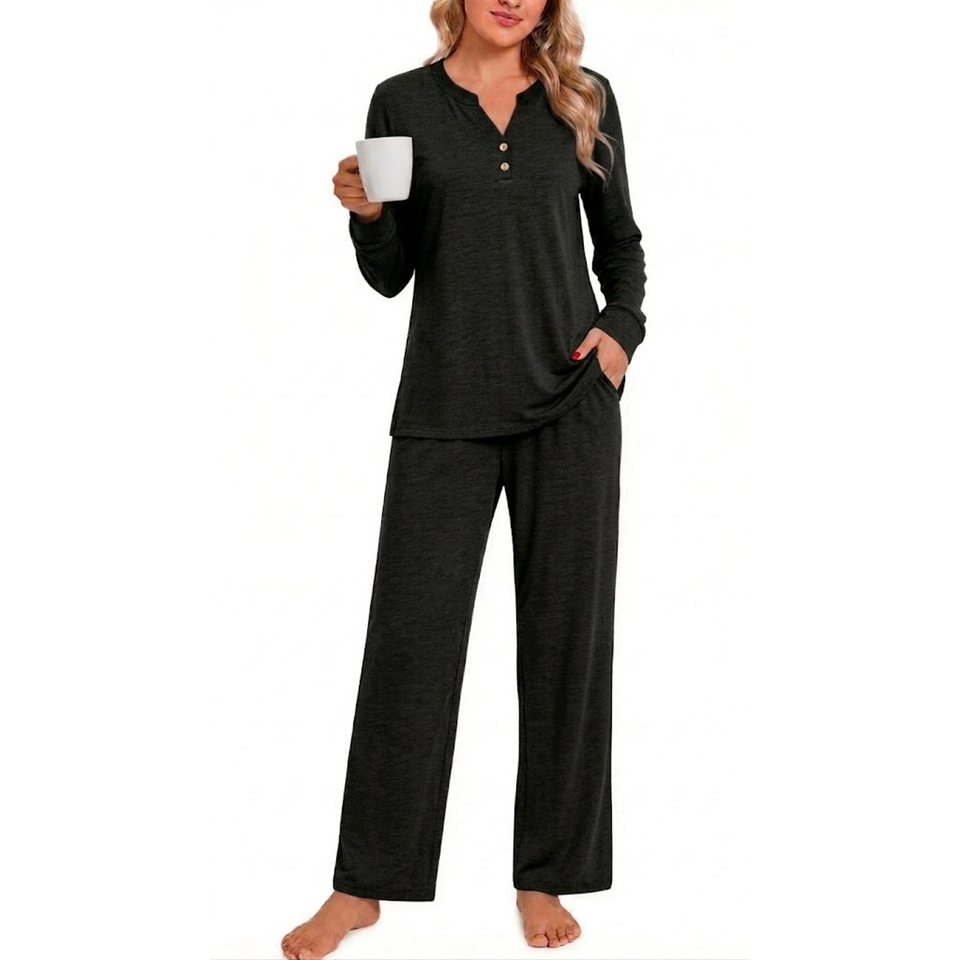 Fantaslook Women Pajamas Sets Long Sleeve V Neck Buttons Outfits and Casual Wide Leg Pants Lounge 2 Piece Sets withe Pockets