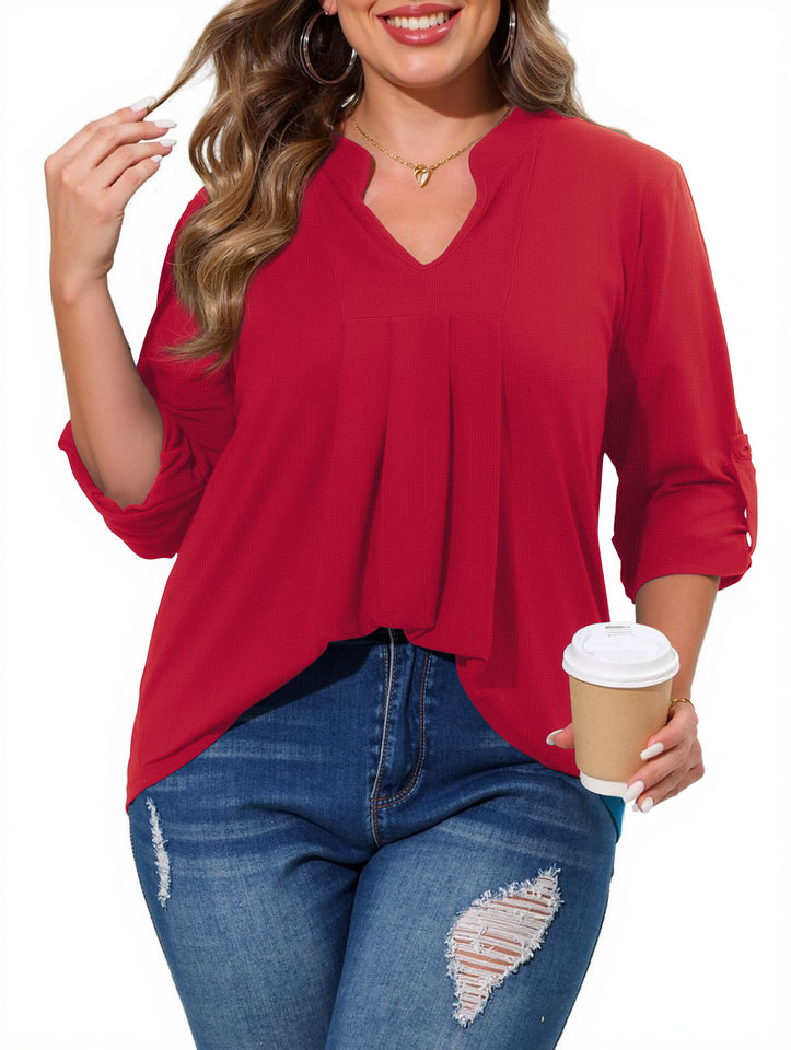 WellSize Plus Size Blouse for Women Dressy Pleated Tunic Tops Roll Up 3/4 Sleeve Shirts