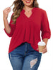WellSize Plus Size Blouse for Women Dressy Pleated Tunic Tops Roll Up 3/4 Sleeve Shirts