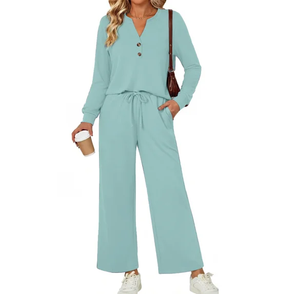 Fantaslook Fall Fashion Two Piece Lounge Sets for Women Henley V Neck Vacation Travel Outfit Casual Wide Leg Pants Matching Sets Women Clothing