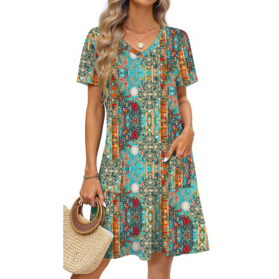 Fantaslook Summer Dresses for Women V Neck Short Sleeve Casual T Shirt Dress Beach Sundresses with Pockets