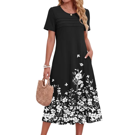 Fantaslook Pleated Summer Dresses for Women Short Sleeve A Line Midi Dress Flowy Floral Sundress Casual Dress with Pockets