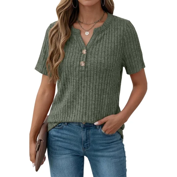Fantaslook V Neck Tops for Women Short Sleeve Henry Shirts with Button Dressy Casual Summer Blouses Tops
