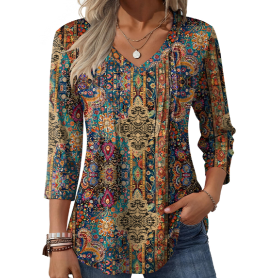 Fantaslook 3/4 Length Sleeve Womens Tops Dressy Casual Boho Blouses V Neck Pleated Tunic Tops Work Shirts