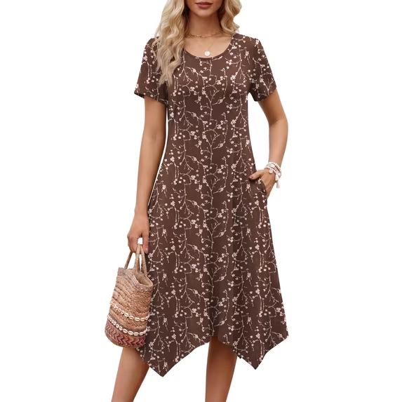 Fantaslook Plus Size Dresses for Women Floral Asymmetrical Hem Dress Summer Sundresses with Pockets