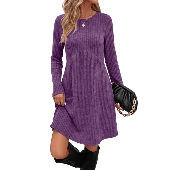 Fantaslook Fall Long Sleeve Dresses for Women Crew Neck Empire Waist Tunic Dress with Pockets Sweater Dress