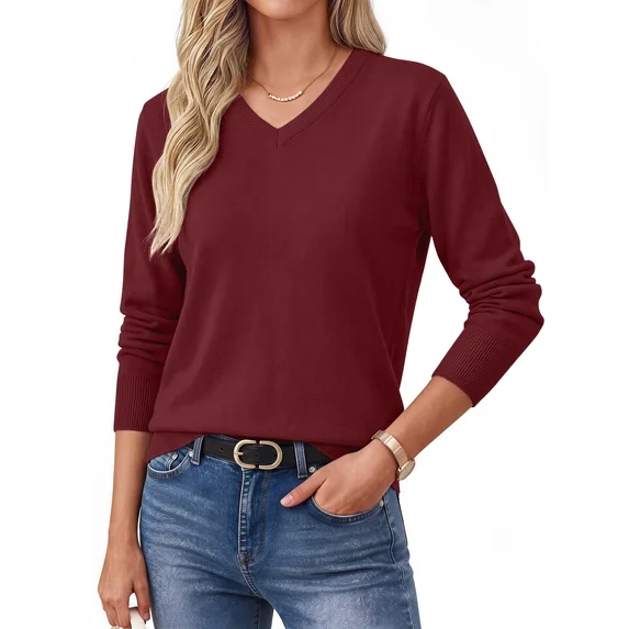 Fantaslook Knit Sweater for Women Long Sleeve V Neck Fall Tops Trendy Lightweight Pullover Work Shirts